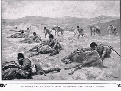 El cosaco y su caballo durante la guerra ruso-japonesa de Georges Bertin Scott